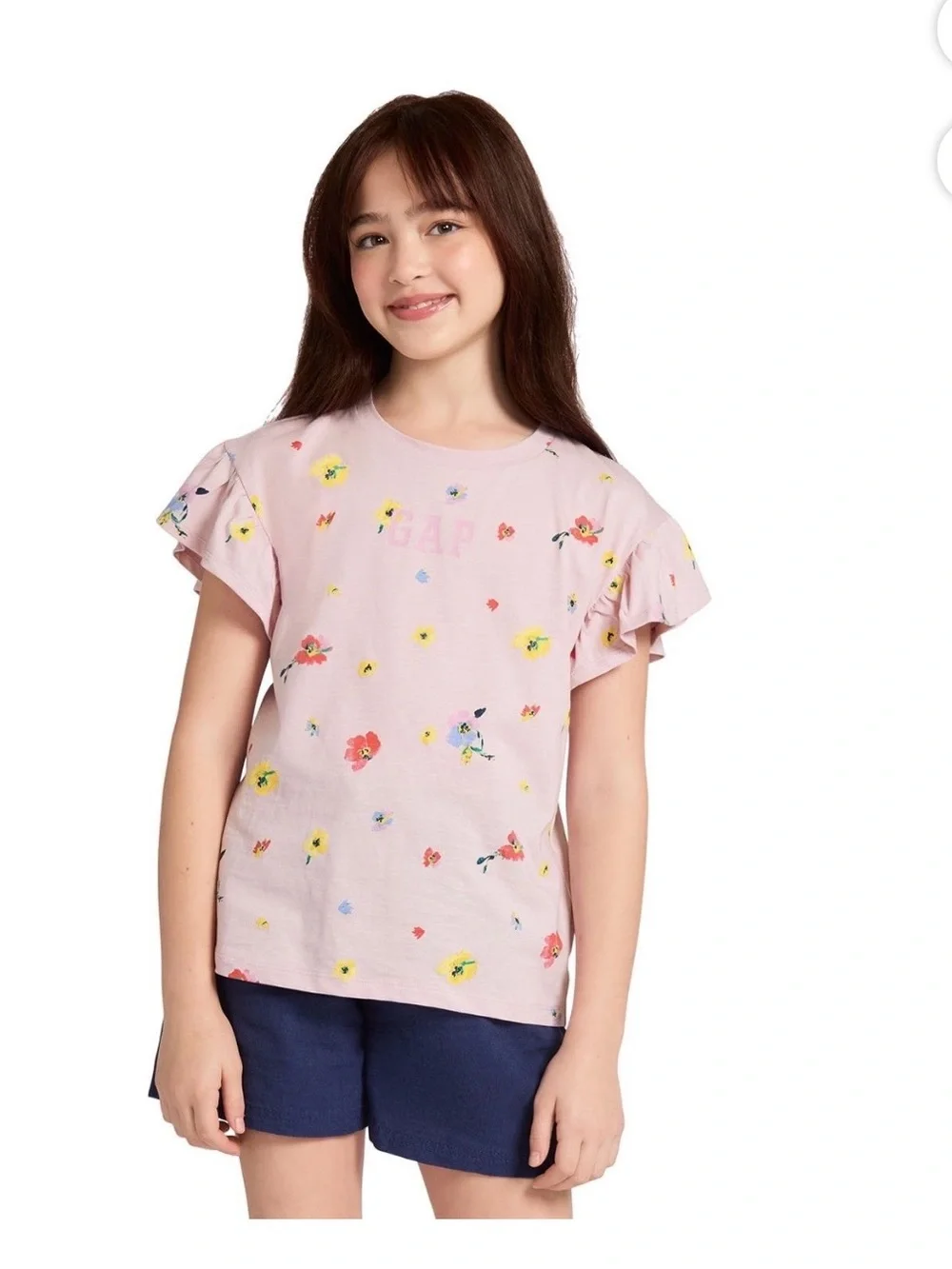 GAP Light Pink Floral Ruffle Sleeve Tee